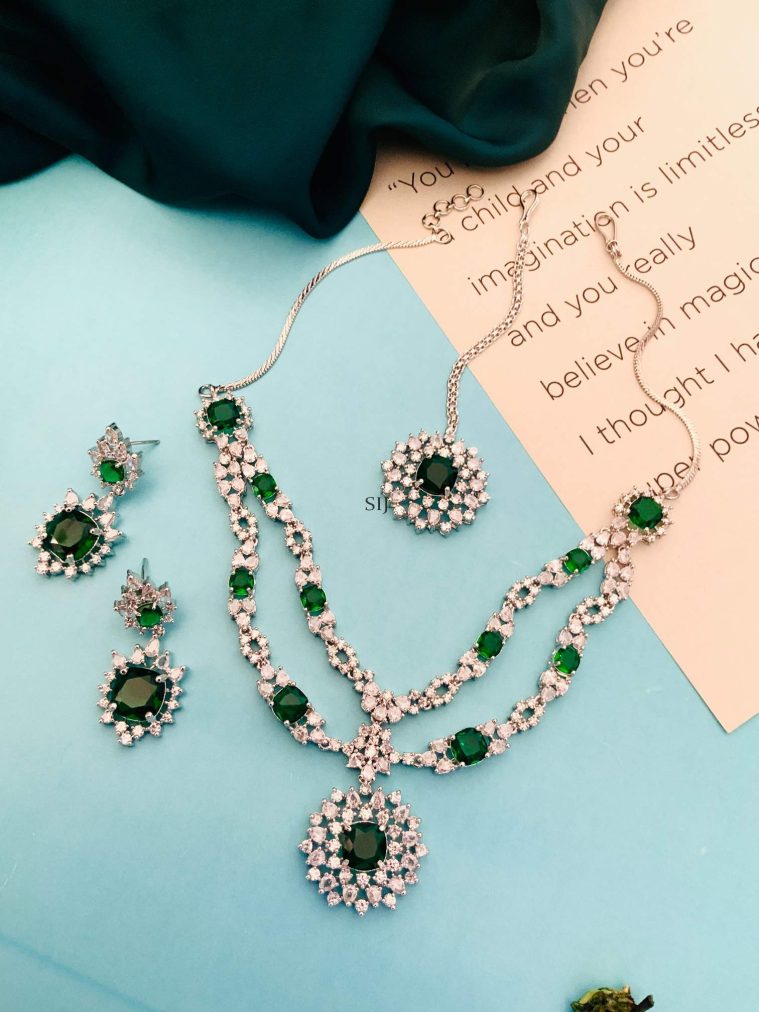 Green &AD Stones Two Layered Necklace With Earrings& Maang Tikka