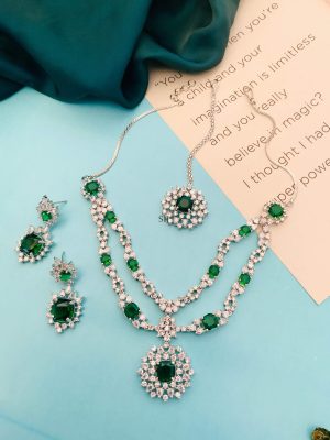 Green &AD Stones Two Layered Necklace With Earrings& Maang Tikka