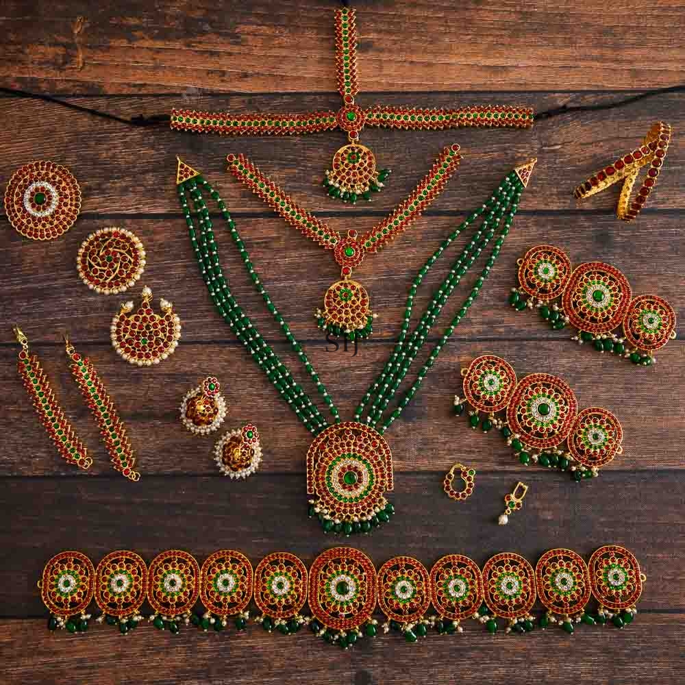 Green Beaded Ruby Stones Adult Bharatnatyam Set