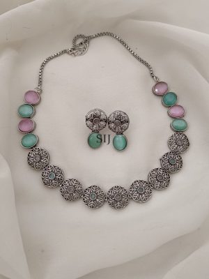 Green& Pink Stones Studded Silver Necklace