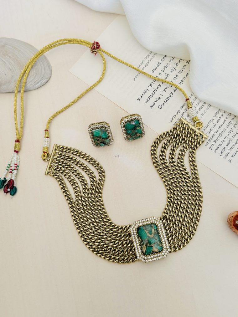 Green Stone Pendant Multi Layered Chains Necklace Set