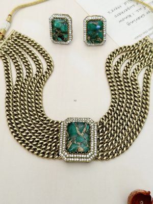 Green Stone Pendant Multi Layered Chains Necklace Set