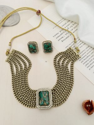 Green Stone Pendant Multi Layered Chains Necklace Set