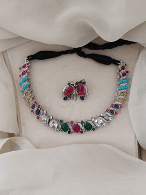 Imitation Multicolor Stones Silver Necklace