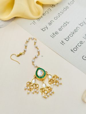 Imitation Pearl Drop Green Meenakari Beads Maang Tikka