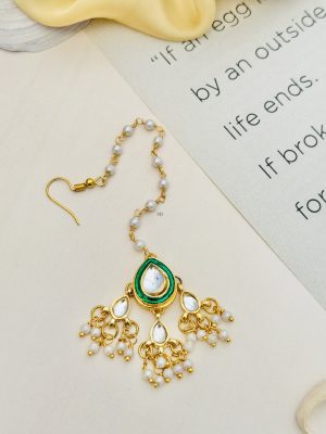 Imitation Pearl Drop Green Meenakari Beads Maang Tikka