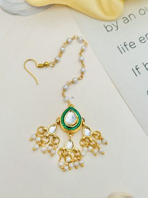 Imitation Pearl Drop Green Meenakari Beads Maang Tikka