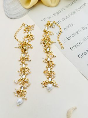 Imitation Pearl Studded Long Kundan Earrings