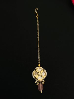 Imitation Pink Bead Drop Kundan Maang Tikka