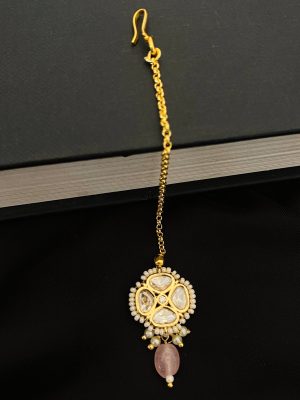 Imitation Pink Bead Drop Kundan Maang Tikka