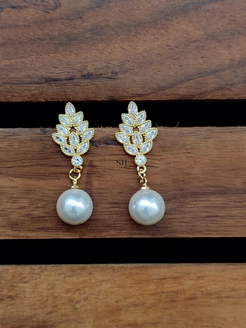 Leaf Design White Stones Pearl Drop Ear Studs