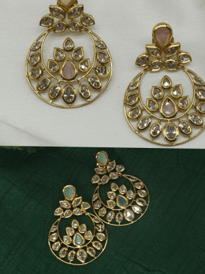 Mint Green& Light Pink Stones and Kundan Chand Bali Earrings