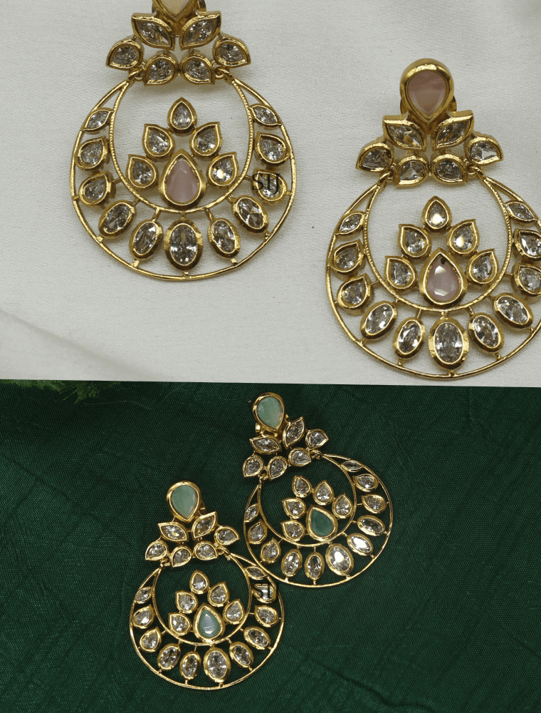 Mint Green& Light Pink Stones and Kundan Chand Bali Earrings