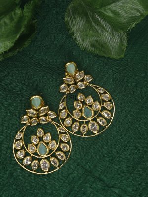 Mint Green& Light Pink Stones and Kundan Chand Bali Earrings