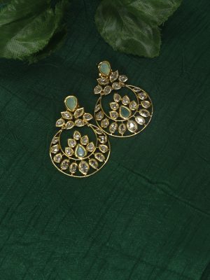 Mint Green& Light Pink Stones and Kundan Chand Bali Earrings