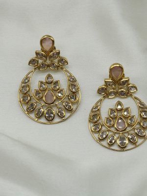 Mint Green& Light Pink Stones and Kundan Chand Bali Earrings