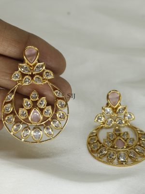 Mint Green& Light Pink Stones and Kundan Chand Bali Earrings