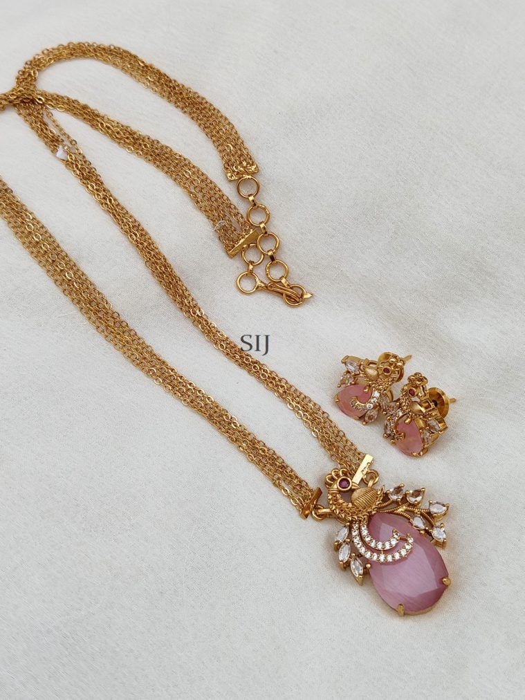 Multi Layered Pink Stone Peacock Pendant Chain