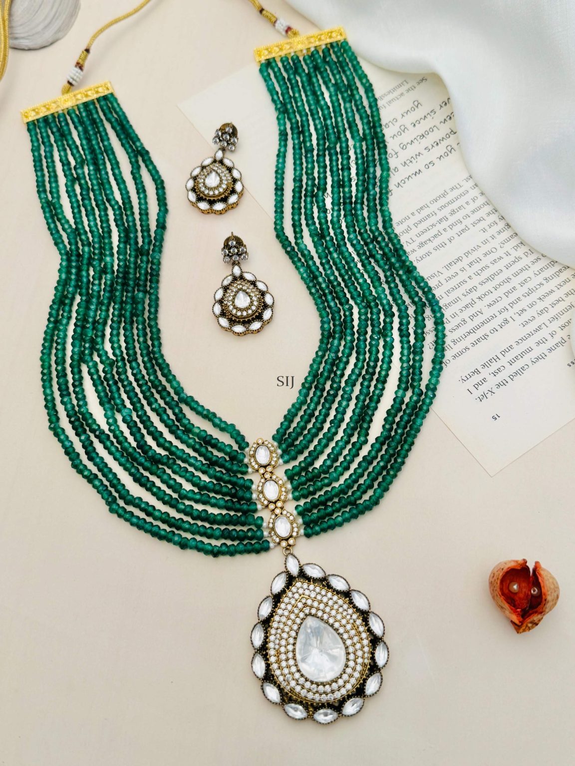 Multi layered Green Beaded AD Stone Pendant Necklace