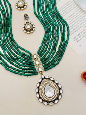 Multi layered Green Beaded AD Stone Pendant Necklace