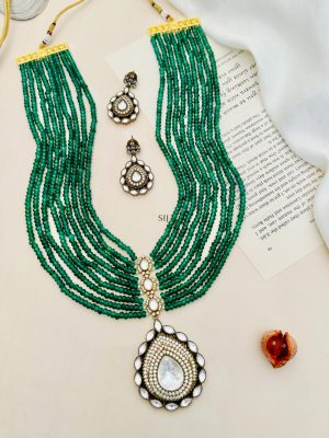 Multi layered Green Beaded AD Stone Pendant Necklace