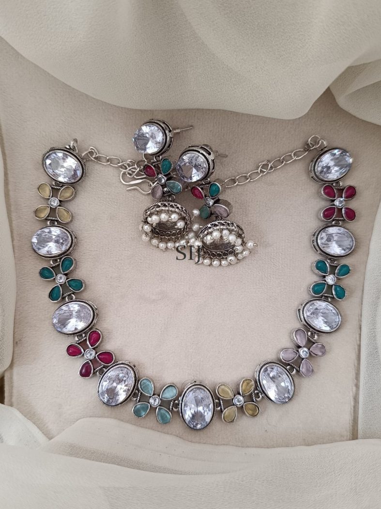 Multicolor Stones Flower Design Silver Necklace