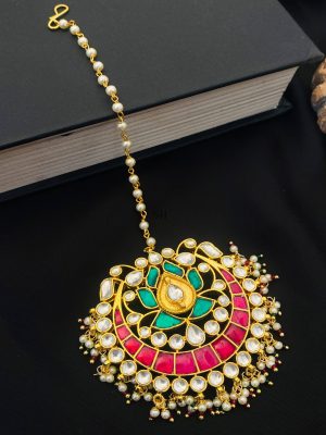 Multicolor Stones Pearl Drops Kundan Maang Tikka