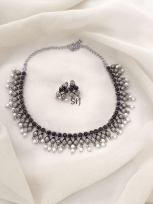 Pearl Drop Black Stones Studded Silver Necklace