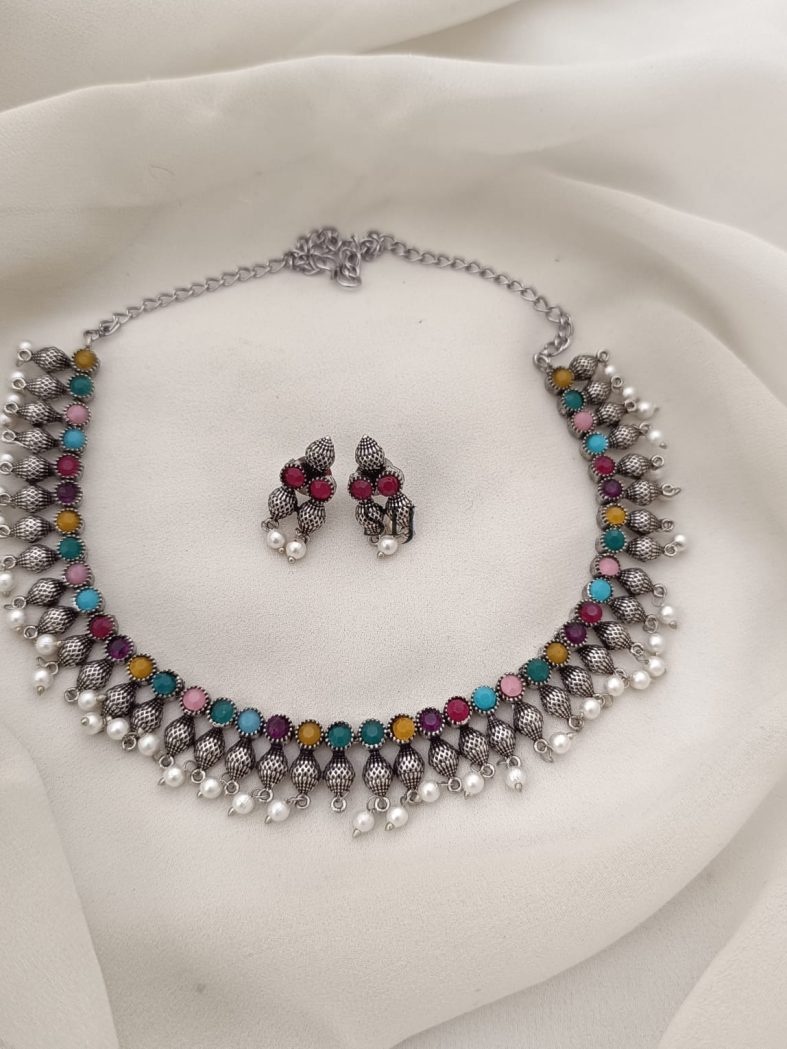 Pearl Drop Multicolor Stones Studded Silver Necklace