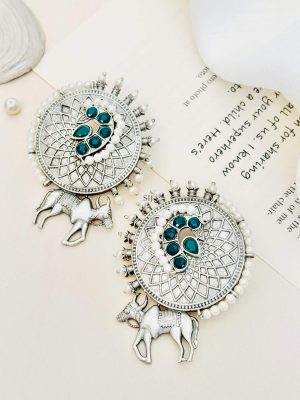 Pearl Studded Silver Plated Cow Earrings