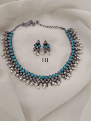 Silver Finish Blue Stones Studded Necklace