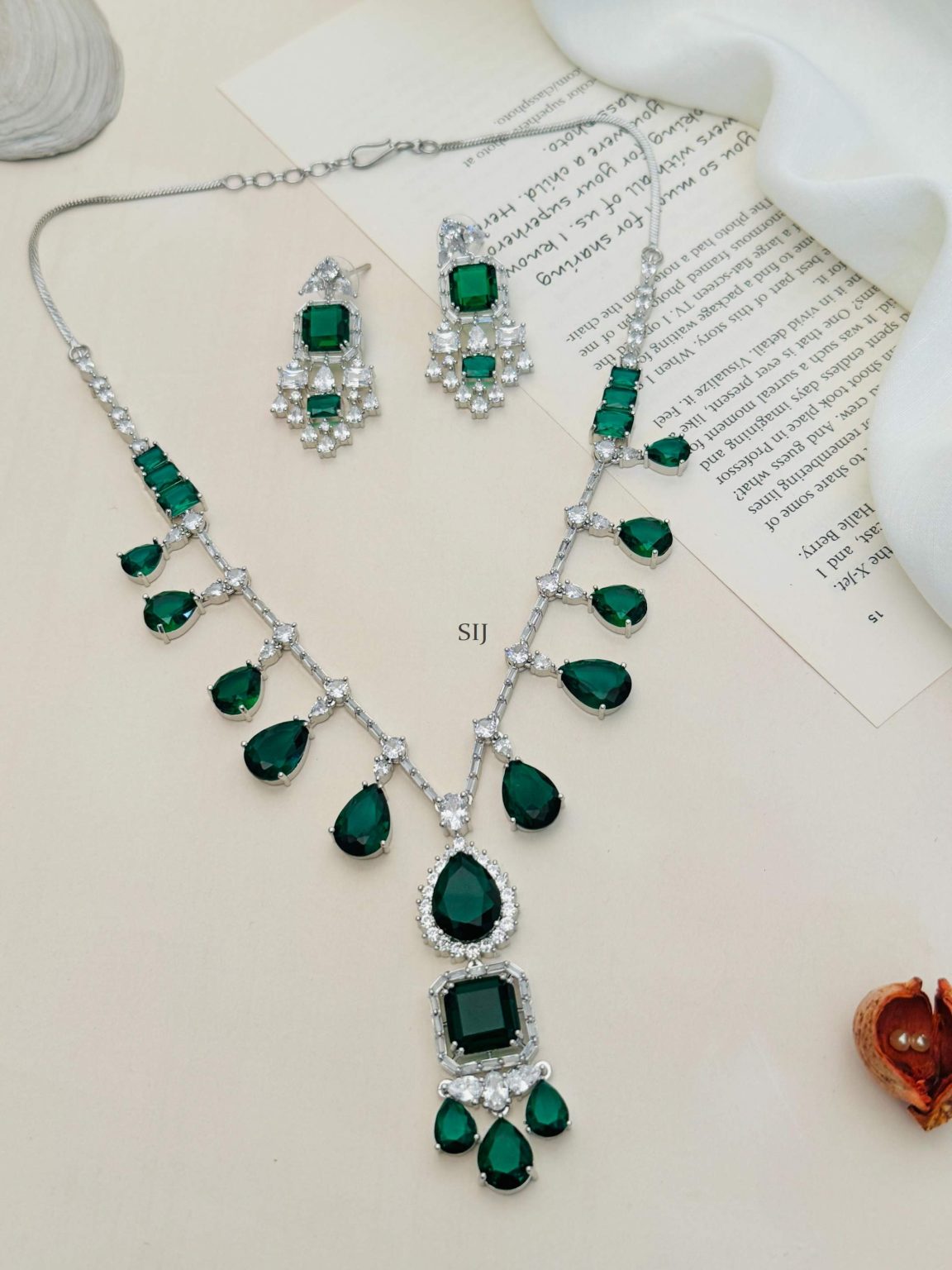 Silver Plated AD And Green Stones Necklace