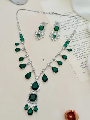 Silver Plated AD And Green Stones Necklace