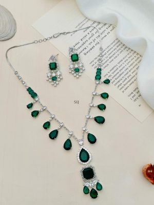 Silver Plated AD And Green Stones Necklace