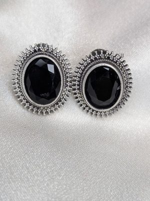 Silver Polish Oval Design Stone Ear Studs