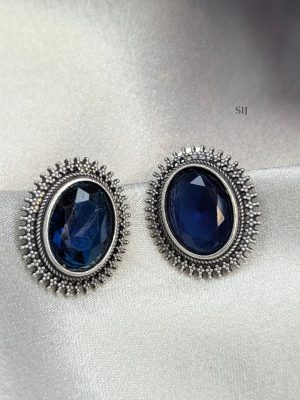 Silver Polish Oval Design Stone Ear Studs