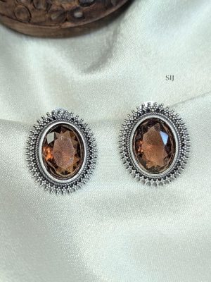 Silver Polish Oval Design Stone Ear Studs