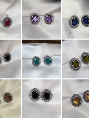 Silver Polish Oval Design Stone Ear Studs