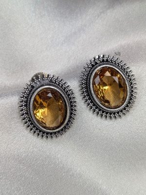 Silver Polish Oval Design Stone Ear Studs