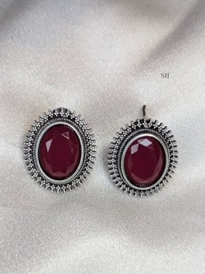 Silver Polish Oval Design Stone Ear Studs