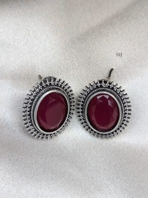 Silver Polish Oval Design Stone Ear Studs