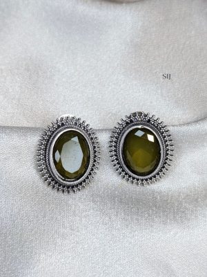 Silver Polish Oval Design Stone Ear Studs