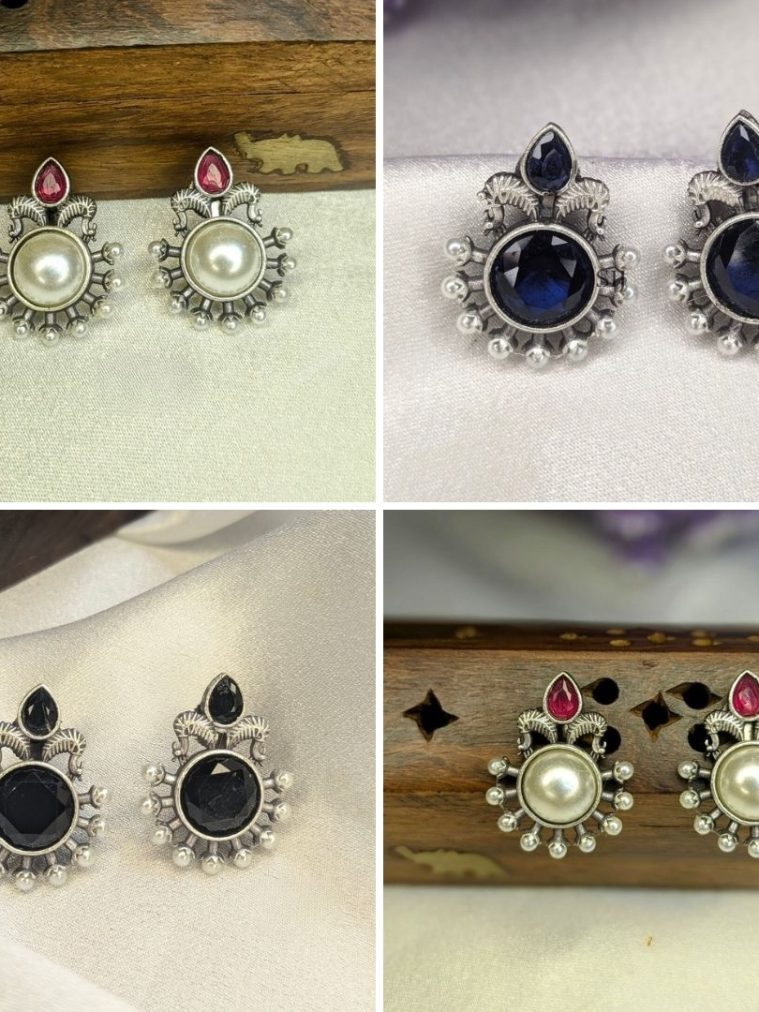 Oxidized Stone Stud Earrings With Pearls