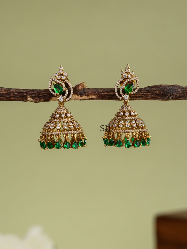 Artificial White And Green Stones Jhumkas