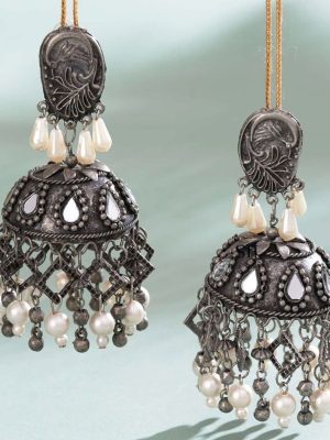 Artificial Oxidised Silver Pearl Jhumkas