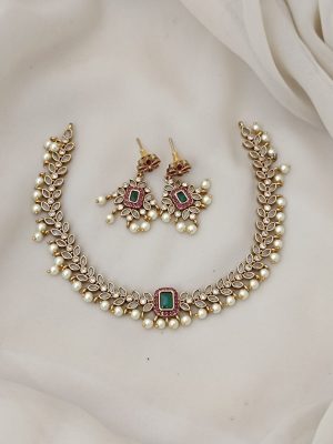 Matte Finish CZ Stones Necklace with Pearls