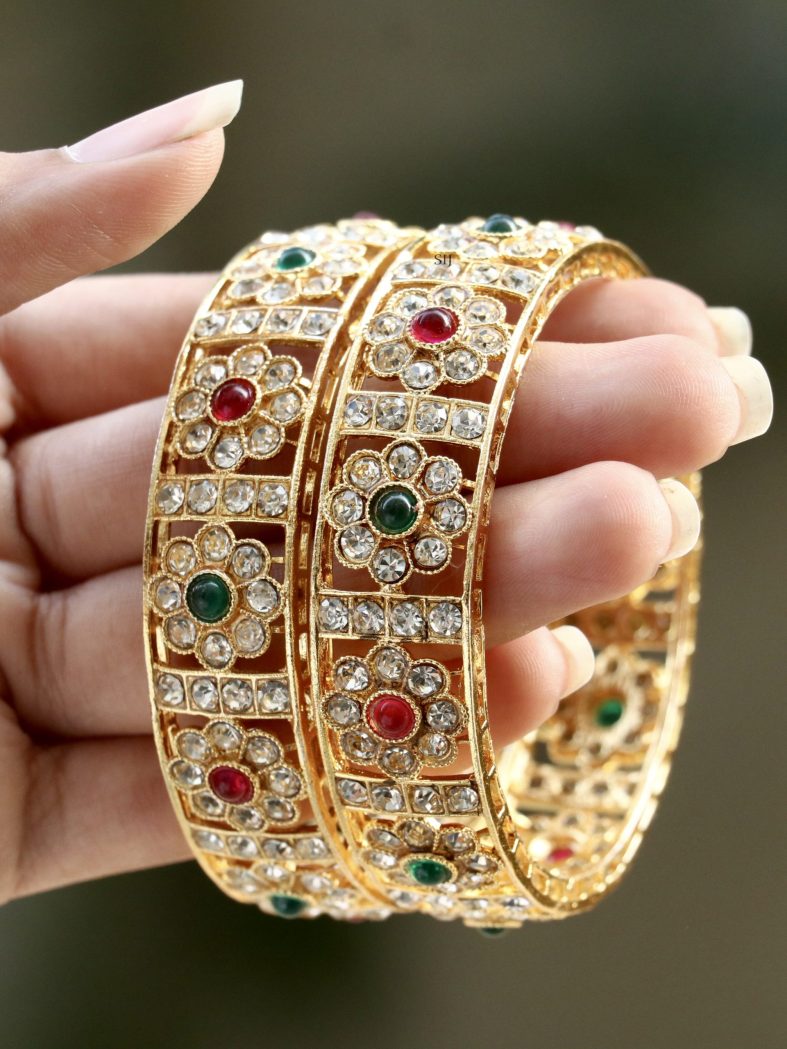 Gold Plated Multi Color AD Stones Flower Design Bangles