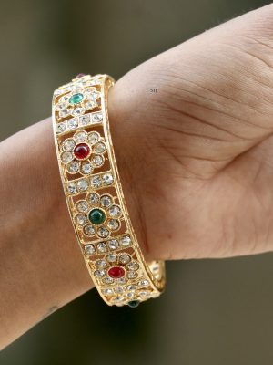 Gold Plated Multi Color AD Stones Flower Design Bangles