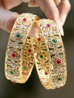 Gold Plated Multi Color AD Stones Flower Design Bangles