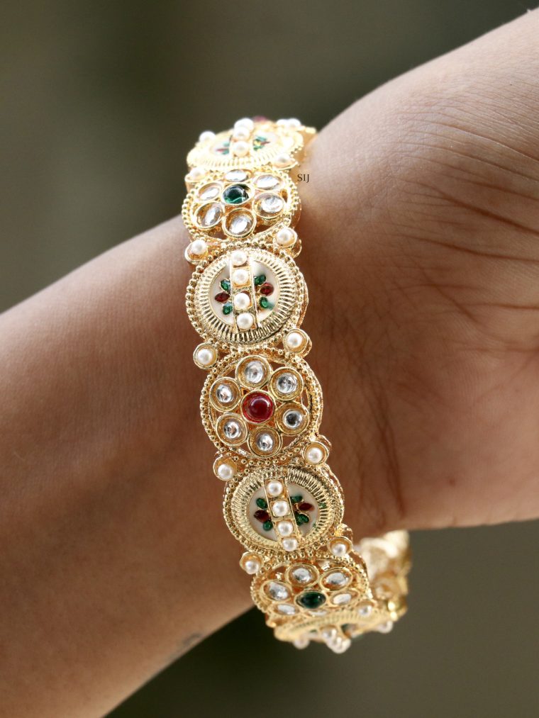 Gold Finish AD Stones Flower Design Minakari Bangles